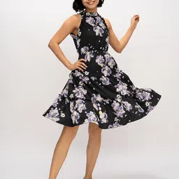 AASK Women Black Floral Printed Delta Crepe Fit and Flare Knee Length Dress-picture-38