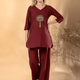 Readiprint Women Maroon Curved Style Cotton Flex Embroidered Co-Ords image 2