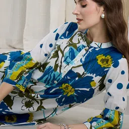 Indo Era Floral Printed Pure Cotton Mandarin Collar Tunic With Trousers image 4