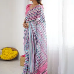 HERE&NOW Striped Sequinned Pure Georgette Jamdani Saree image 4