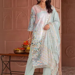 KALINI Ethnic Motifs Printed V-Neck Thread Work Organza Kurta With Trousers & Dupatta-image-0