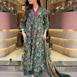 GoSriKi Cia Floral Printed V-Neck Panelled Anarkali Kurta With Palazzos & Dupatta-image-67
