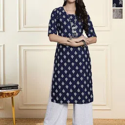 HERE&NOW Selection Of 3 Floral Printed Round Neck Straight Kurtas-picture-32