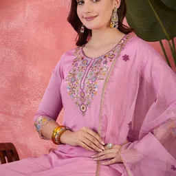 Sangria Floral Yoke Design Embroidered Thread Work Straight Kurta With Trousers & Dupatta image 2