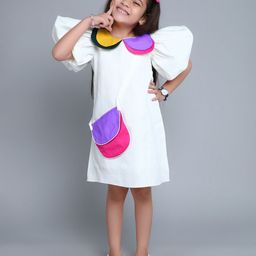 Pink Chick Girls Colourblocked Puff Sleeve Cotton A-Line Dress-picture-34