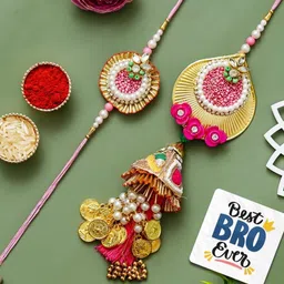 eCraftIndia Set Of 2 Stone-Studded Rakhi With Roli Rice & Best Bro Ever Fridge Magnet-image-25