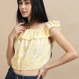 GLAM & CHIQUE Women Printed Off-Shoulder Flutter Sleeve Ruffles Bardot Crop Top image 4
