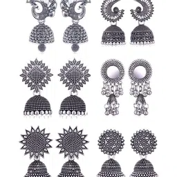 DIVASTRI Set Of 6 Silver-Plated Oxidized Dome Shaped Jhumkas-image-15