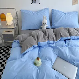 JC HOME Grey & Blue Solid Polycotton 4 Piece Double Queen Regular Bedding Set image 2