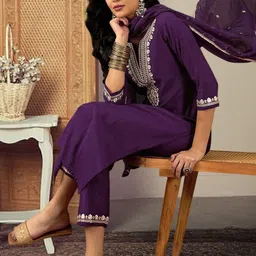 Sangria Embroidered Straight Kurta With Trousers & Dupatta Sets image 3