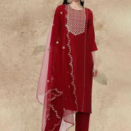 AVANSHEE Women Ethnic Motifs Embroidered Regular Thread Work Kurta with Trousers & With Dupatta-image-5