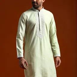 KALKI Fashion Men Ethnic Motifs Embroidered Regular Thread Work Chanderi Cotton Kurta with Pyjamas image 4