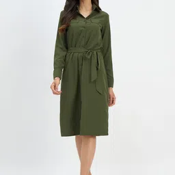 Color Cocktail Cuffed Sleeve Belted Shirt Dress-picture-24
