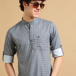 COOL COLORS Men Grey Slim Fit Printed Full Sleeve Casual Kurta Shirt image 4