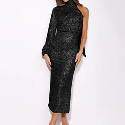 HERE&NOW Women Sequined Embellished One Shoulder Sheath Midi Dress image 1