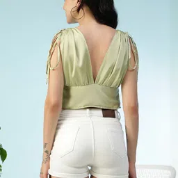 Oxolloxo Women Solid V-Neck Satin Crop Top-image-33