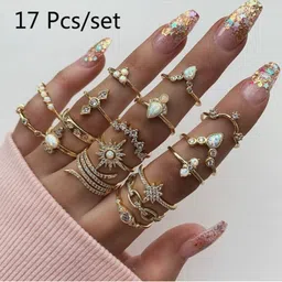 TheVineGirl Set Of 17 Gold-Plated American Diamond-Studded Adjustable Finger Rings-image-79