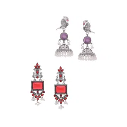 Sangria Set Of 2 Silver-Plated Artificial Stone Studded & Beaded Drop Earrings image 4