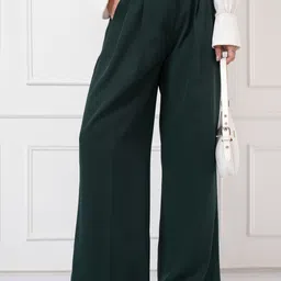 tokyo talkies Women Flared Green Cotton Blend Trousers-picture-13