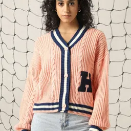 Hubberholme Women Varsity Boxy Fit Cable Knit Cardigan image 2