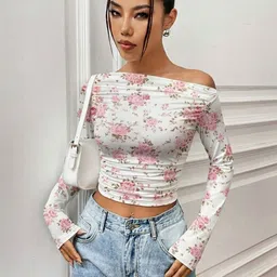 Istyle Can Floral Print Full Sleeve Off-Shoulder Net Crop Top image 2
