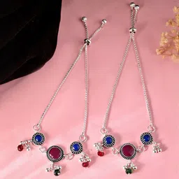 VOJ Stainless Steel Silver-Plated Artificial Stones Studded & Beaded Anklets-picture-28