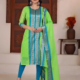 Vastukala Women Geometric Solid Festive Cotton Straight Kurta With Dupatta-picture-11