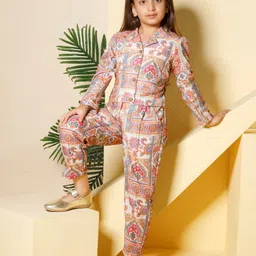 Peppermint Pretty Classy Girls Printed Linen Shirt With Trousers-picture-43
