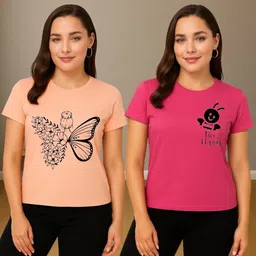 adixus Women Printed Round Neck Polyester Multicolor T-Shirt image 1