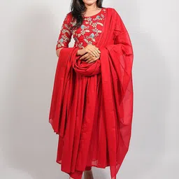 FABIAN FASHION Floral Yoke Design Sequnnied Cotton Anarkali Kurta With Trousers & Dupatta-image-3