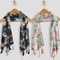 POSHAMPAA be desi Pack of 2 Women Floral Printed Scarf with Tassels-picture-17