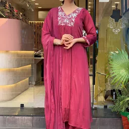 LIVIX Women Ethnic Motifs Embroidered Panelled Thread Work Chanderi Cotton Kurta with Trousers & With Dupatta-picture-11