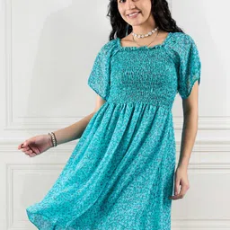 DressBerry Floral Print Off-Shoulder Cold-Shoulder Georgette Fit & Flare Dress-picture-28