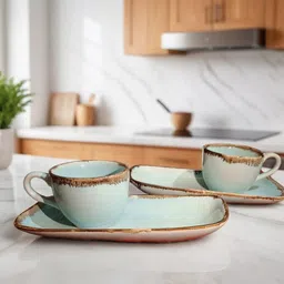 fariya Pack of 4 Ceramic, Bone China Combo Arine Sky Blue Tea,Coffee & Snack Tray Crockery Set | Ideal for Daily Use image 1