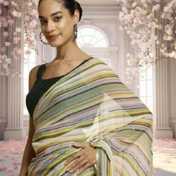 jayu Digital Print, Embroidered, Printed, Striped Bollywood Georgette Saree image 4