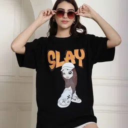 metronaut Typography, Printed Women Round Neck Cotton Blend Black T-Shirt-picture-15