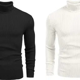 gulika Men Solid High Neck Black, White Sweater-picture-14