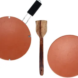 ksi Earthenware Clay Tawa Combo – 1 with Stand & 1 Without Stand | Wooden Spatula Tawa 10 cm diameter image 1