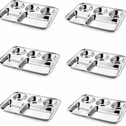 giant impex Stainless Steel Dinner Plate/ Bhojan Thali with Rectangle Compartments, Silver, Set of 6 Sectioned Plate image 1