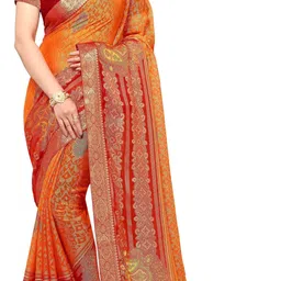 pinkeve Printed, Embroidered Bandhani Chiffon, Brasso Saree-picture-15