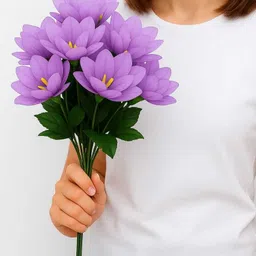 decorewithsara Artificial Purple Lotus Flowers with Green Leaves for Home Decoration Purple Lotus Artificial Flower image 3