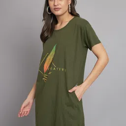 ad fashion Women Printed Round Neck Cotton Blend Dark Green T-Shirt image 4