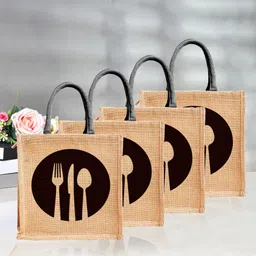 kuber industries Jute Black Spoon Fork Grocery Bag|Zipper Shopping Bag with Handle|Packof 4|Brown Pack of 4 Grocery Bags-picture-14