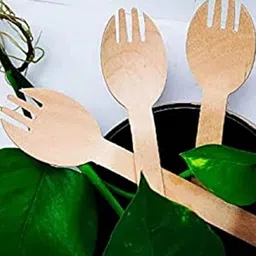 v4l Spork 2 in 1 (Spoon + Fork) Mini Wooden Cutlery Disposable Wooden Spork Set image 5