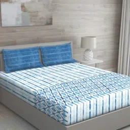 Blue Geometric 144 TC Cotton Queen Sized Bed Sheets with 2 Pillow Covers by GM Fabrics-picture-14
