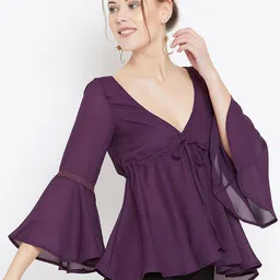 u&f Casual Bell Sleeves Solid Women Purple Top image 2