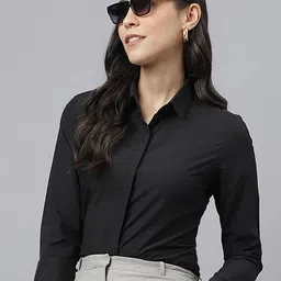english navy Women Regular Fit Self Design Spread Collar Formal Shirt image 1
