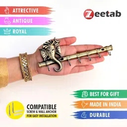 zeetab Ganesha Key Stand with Diamond | Antique Ganpati Metal Brass Key Holder image 5