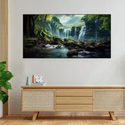 nestroots Black Canvas Framed Serene Forest wild Waterfall Wall Painting(18X36 Inch)-picture-38