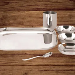 yuiop Pack of 6 Stainless Steel Square Shape Dinner Set - Includes 1 Thali, 1 Dish, 2 Bowls, 1 Spoon & 1 Glass Dinner Set image 3